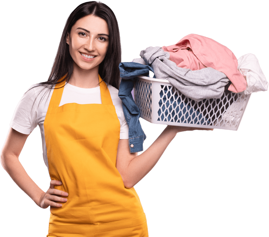 housewife in apron with laundry